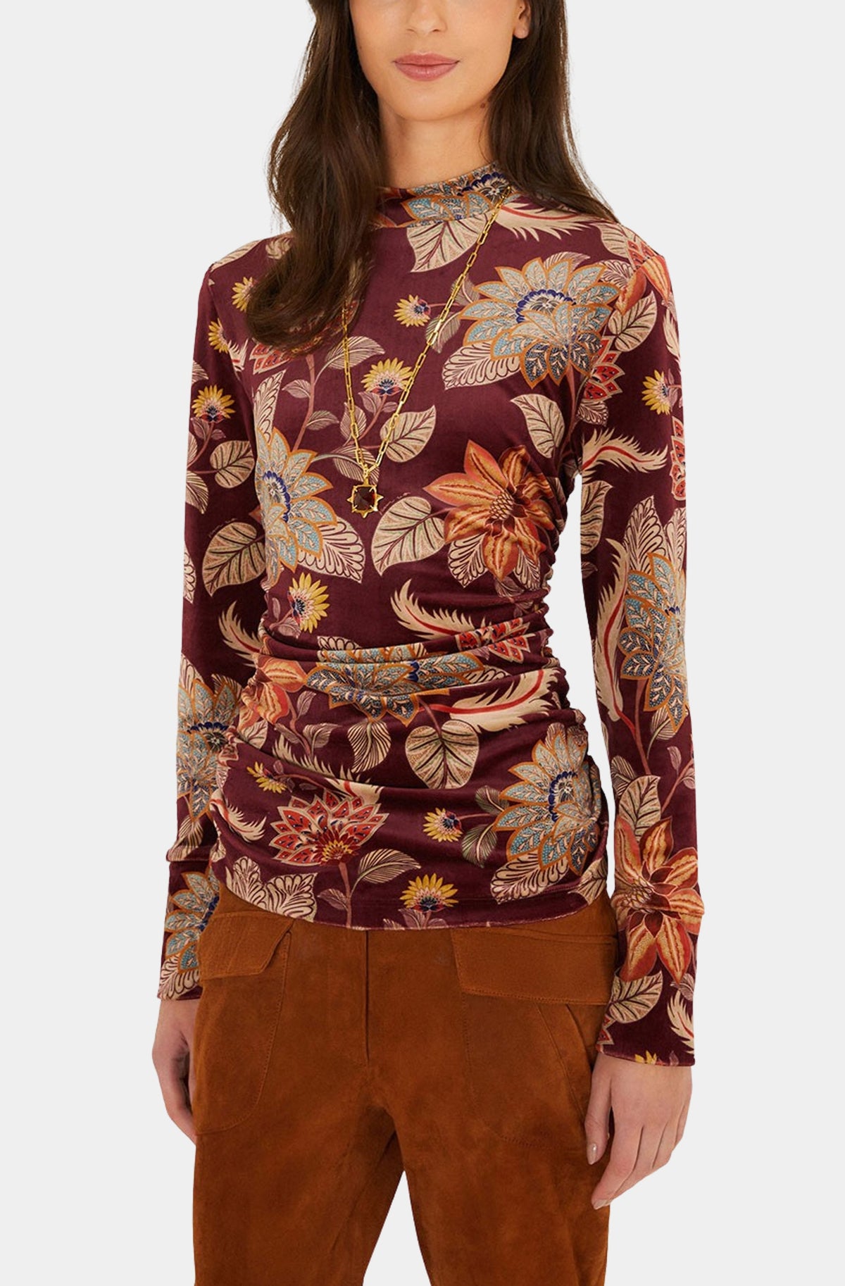 Delhi Floral Burgundy Velvet Jersey Blouse