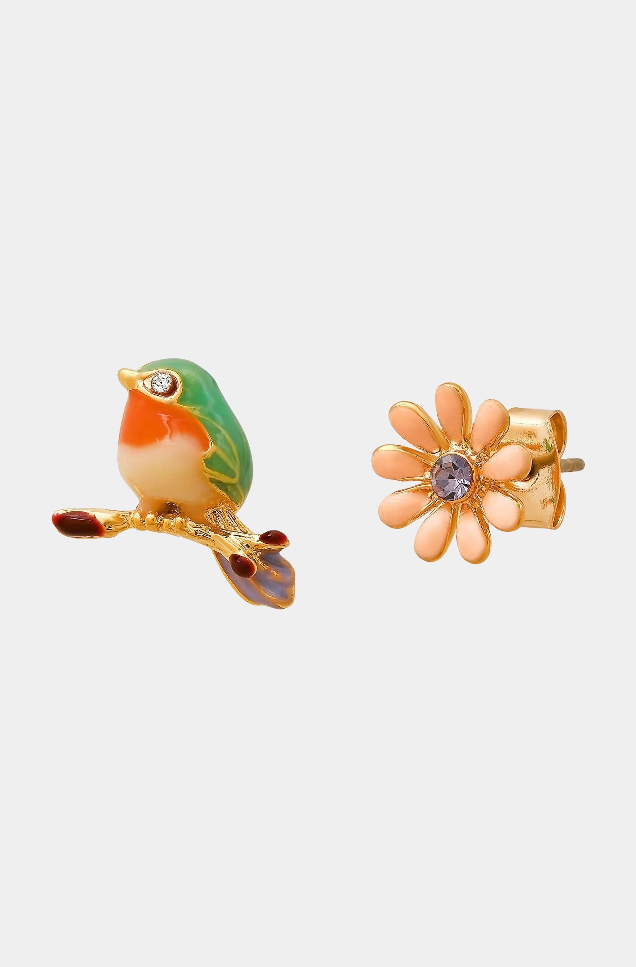 Enamel Bird and Flower Mismatched Studs