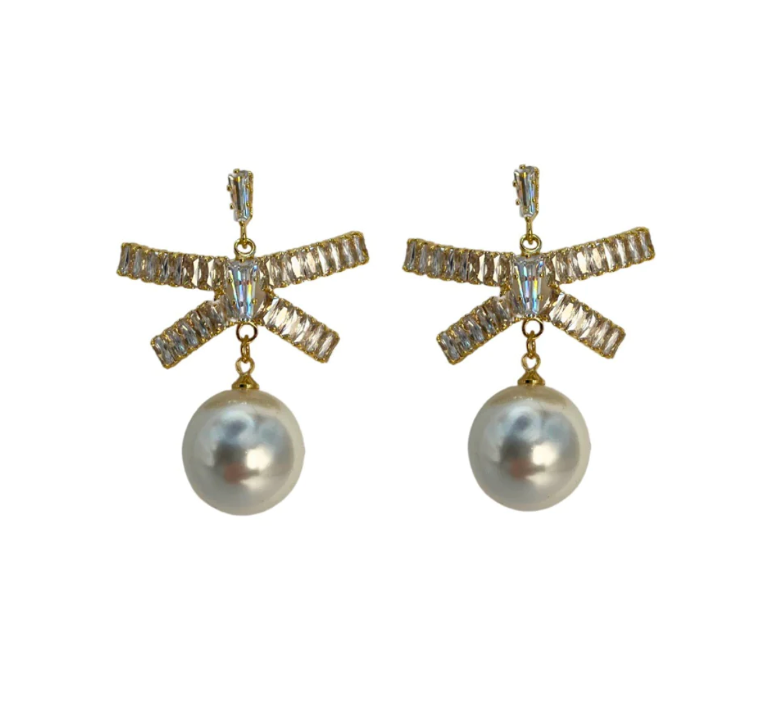 Pave Bow and Pearl Studs