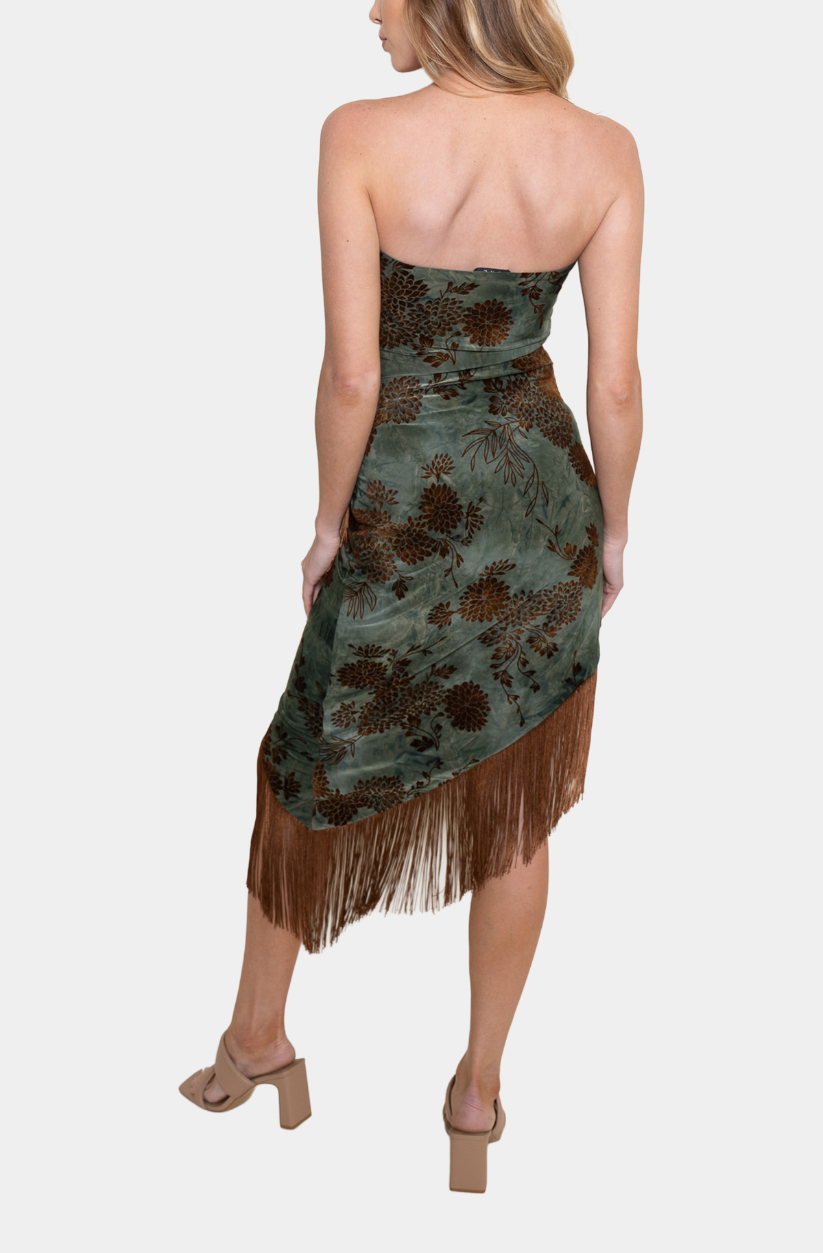Hausen Amarisse Dress in Green Floral, back view with complete fringe hem