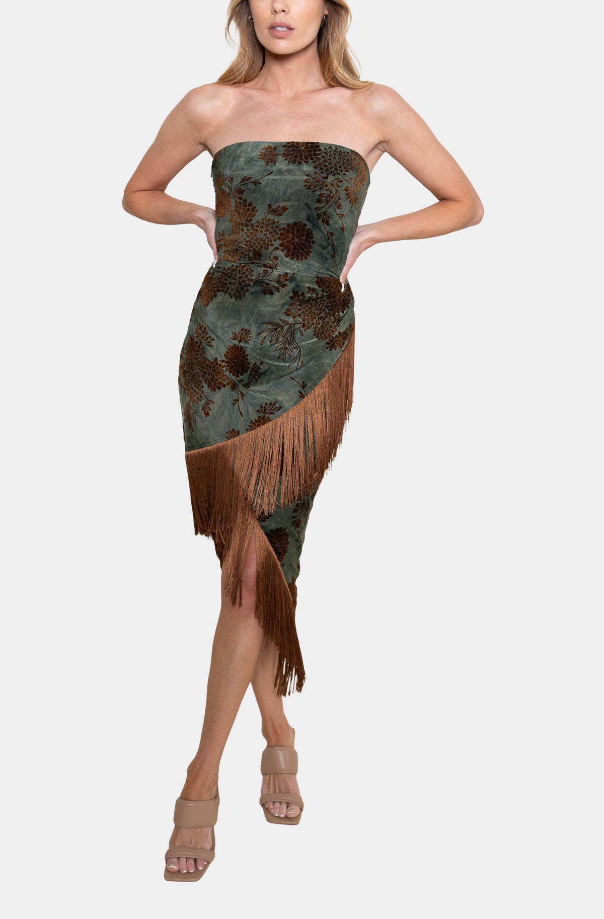 Hausen Amarisse Dress in Green Floral, front view with complete fringe hem