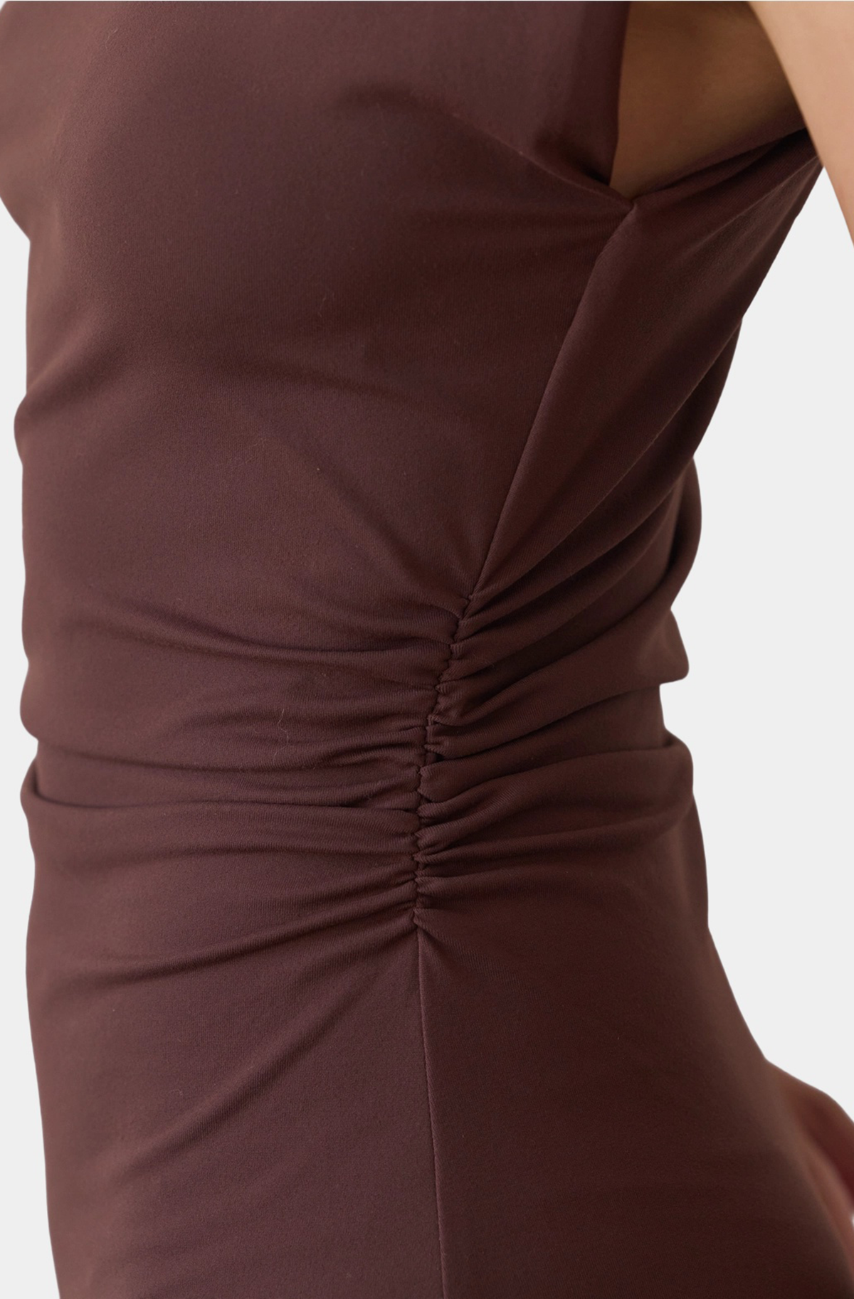 Hausen Odette Dress in Brown — ruched skirt detail