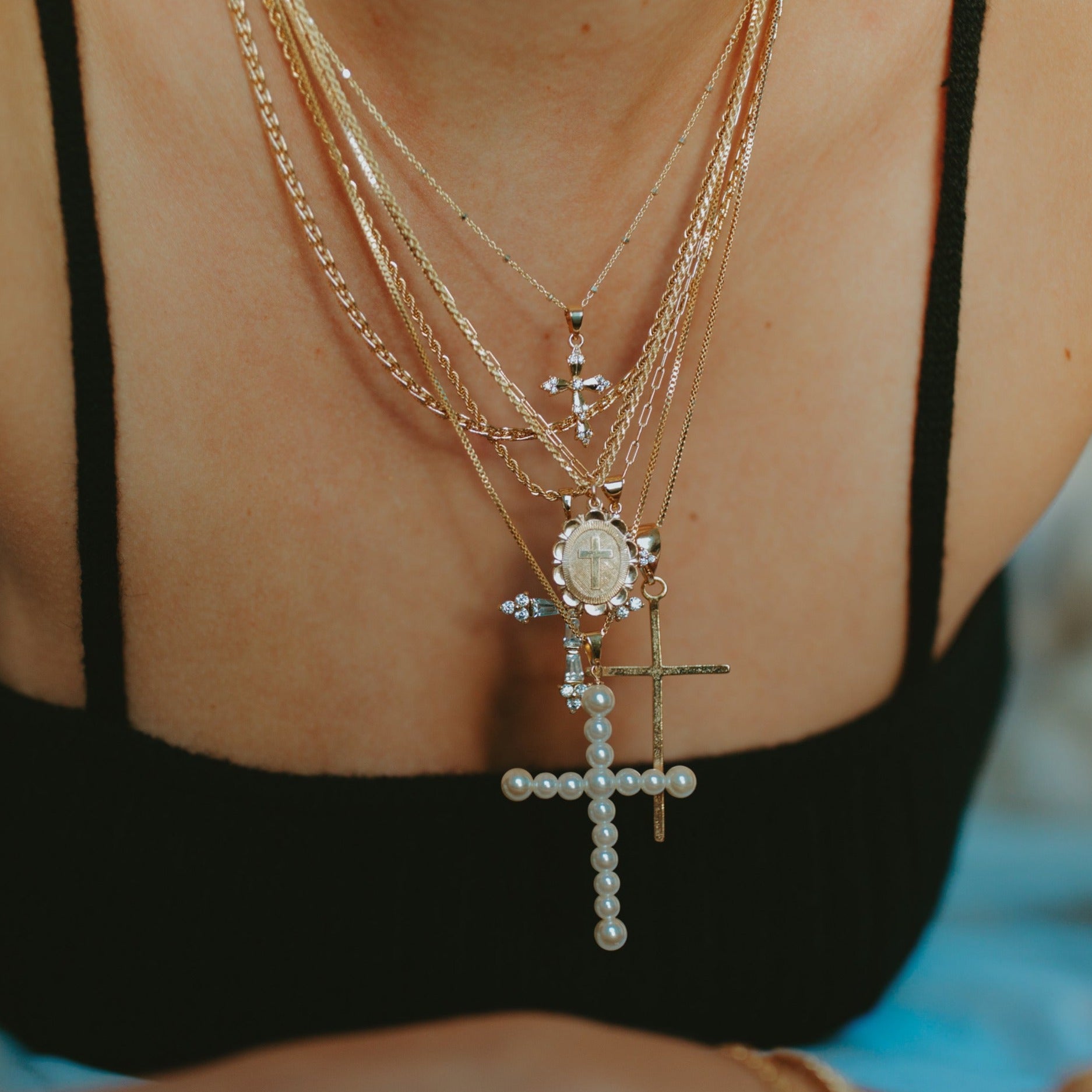 Layered Pearl Cross Necklace in Gold | Altar'd State
